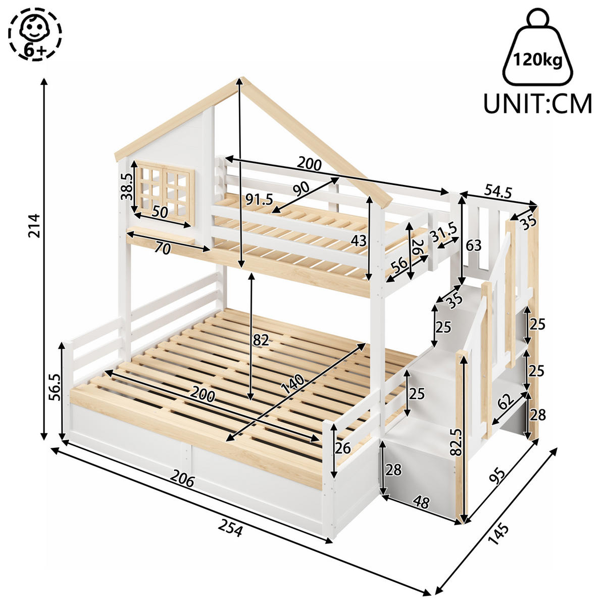 ETAGENBETT 90/200 cm und 140/200 cm mit hydraulischem Stauraum, Bettgitter und Hausdesign, Weiß/Natur - Weiß, Holz (90/200cm) - Redom
