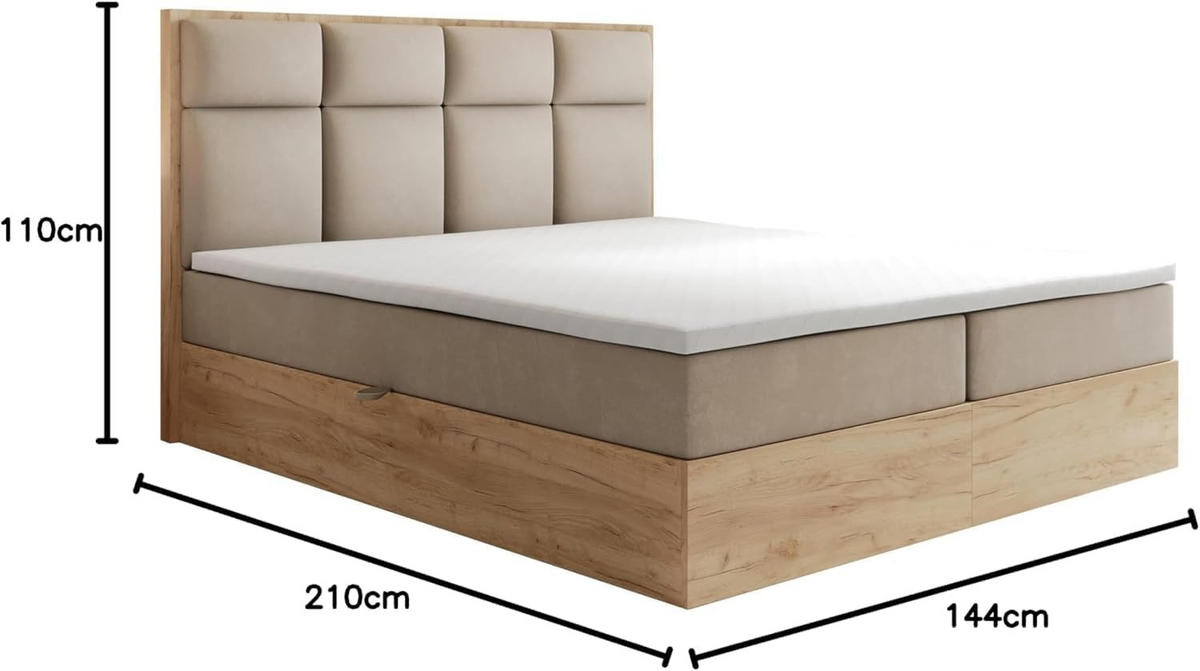 BOXBETT 140 x 200 cm mit Bettkasten und Taschenmatratze H3, SELVA mit Topper 5 cm und Holzelemente, Grau - Grau, Holzwerkstoff/Kunststoff (140/200cm) - Trada