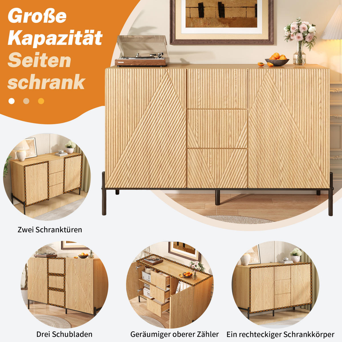 SIDEBOARD 115.5/40/76 cm Natur aus MDF mit geometrischer Struktur - Naturfarben, Holzwerkstoff (40/76/115.5cm) - OKMYHOME