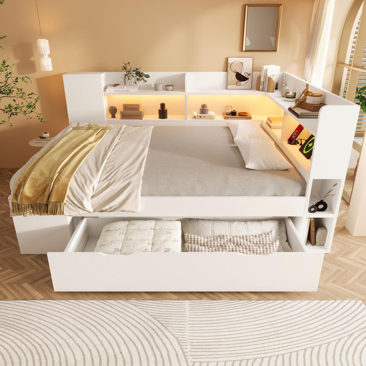 TAGESBETT 140/200 cm mit LED-Beleuchtung, USB- und Typ-C-Anschluss sowie Stauraum und Matratze, Weiß - Weiß, Holzwerkstoff (140/200cm) - Redom