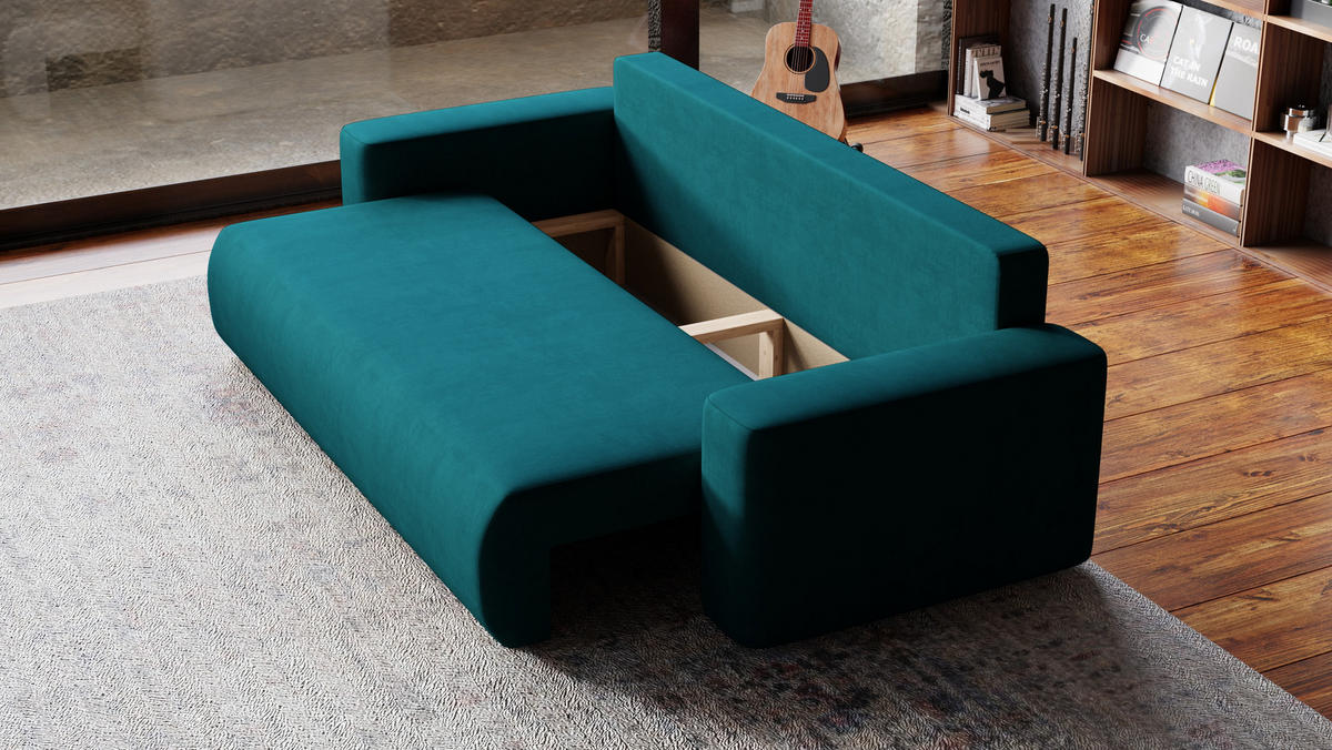 SOFA Bubi mit Bettkasten und Schlaffunktion, Velourstoff - Türkis, Holzwerkstoff (242/85/95cm)