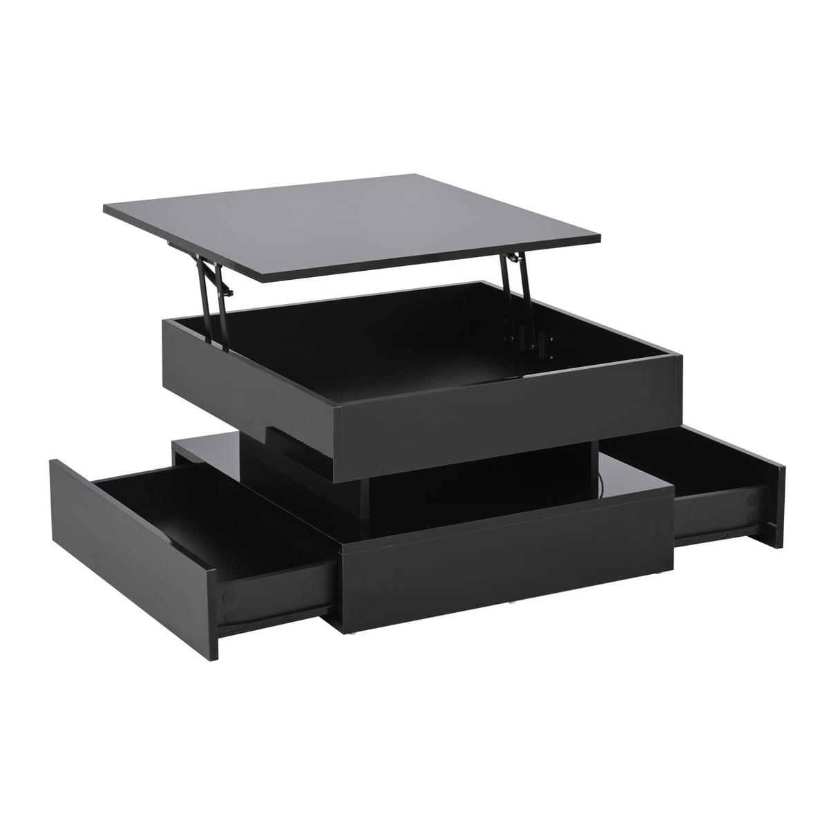 COUCHTISCH anhebbar 65 x 65 cm Hochglanz Schwarz mit LED und 2 Schubladen - Schwarz, Holzwerkstoff (65/65/38.5cm) - Meubliv