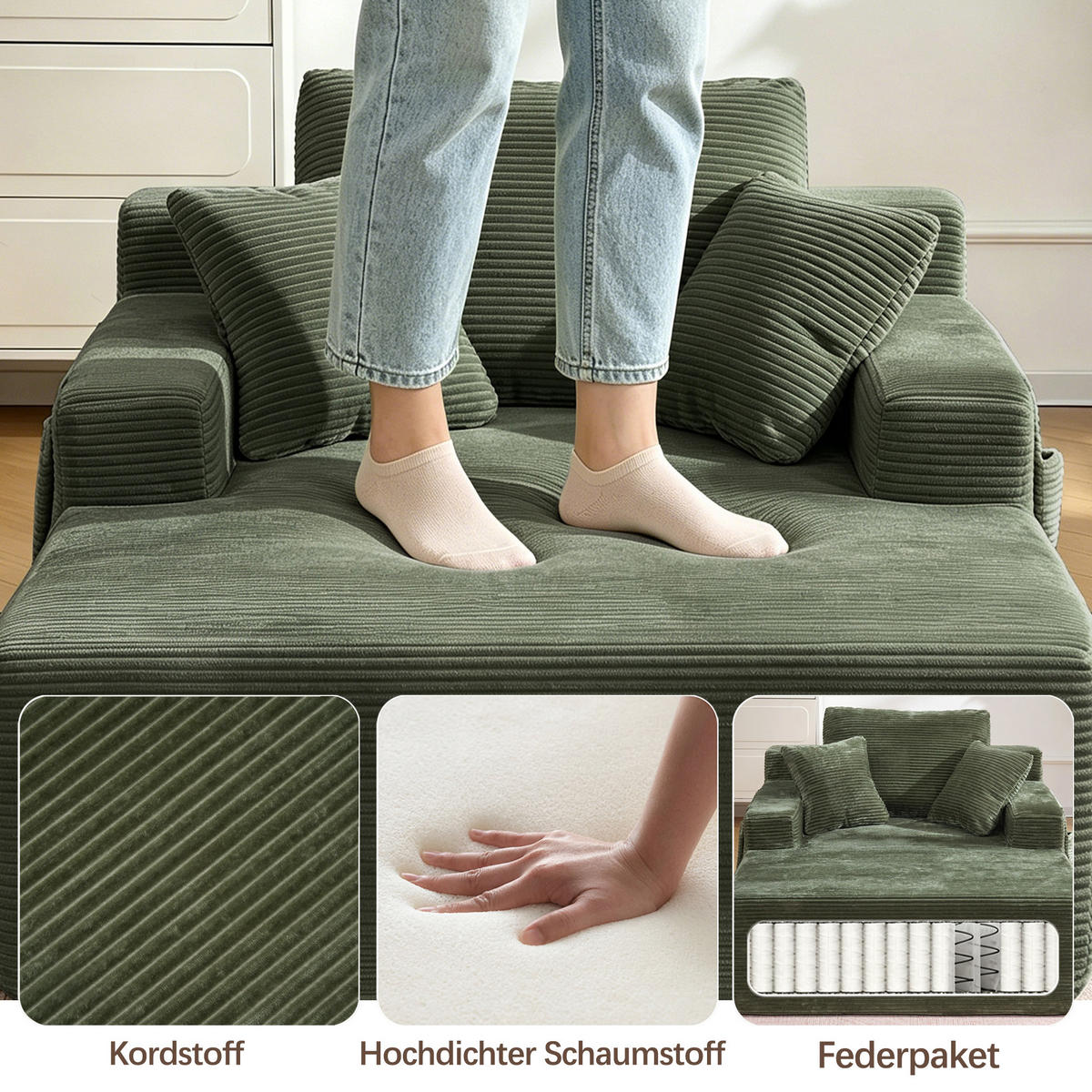 SCHLAFSOFA aus Cord mit Seitentaschen und weichen Sitz- und Rückenkissen - Grün, Textil (110/150/70cm) - EVRYAE