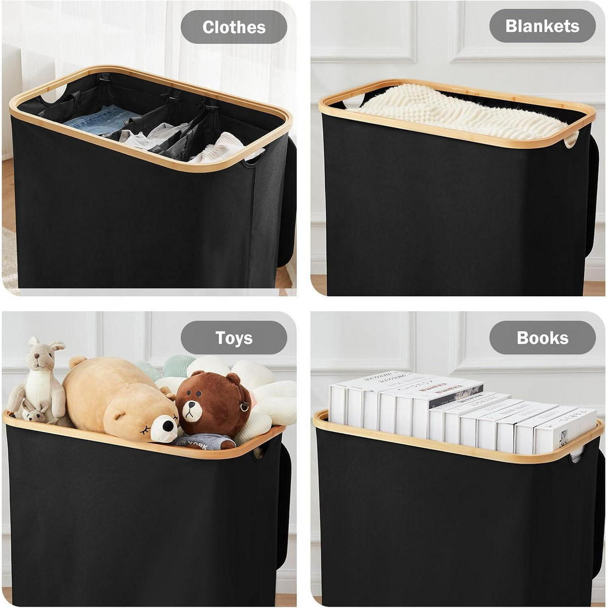 WÄSCHEKORB mit Deckel 3 Fächer 160L Schwarz - Schwarz, Naturmaterialien (37/74/57cm)