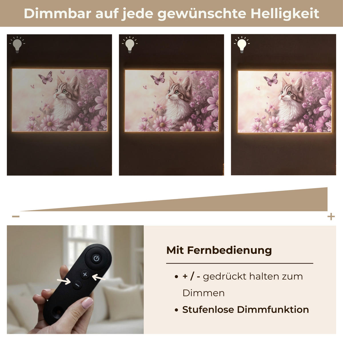 NACHTTISCHLAMPE MIT AKKU Kätzchen - Blumen - Schmetterlinge - Lila 90x60 cm - Altrosa, Holzwerkstoff (8/90/60cm) - OnlyWow