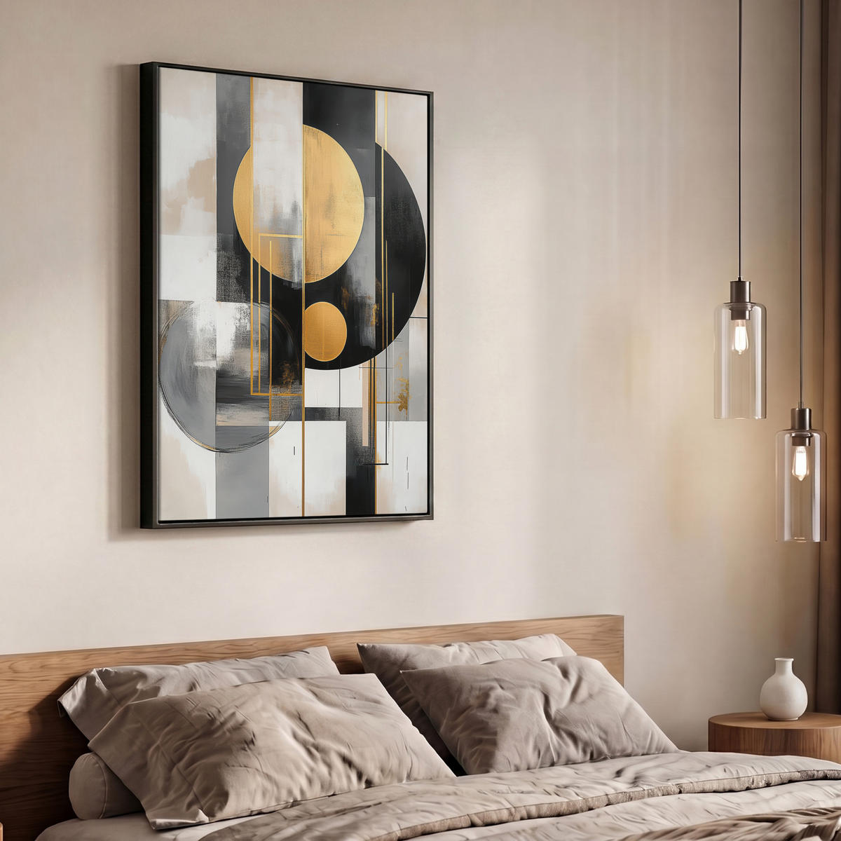 LEINWAND Bilder mit Rahmen - Abstrakt - Gold - Silber - Formen - Ästhetisch - Modern - 70x100 - Goldfarben, Textil (70/100cm) - MuchoWow
