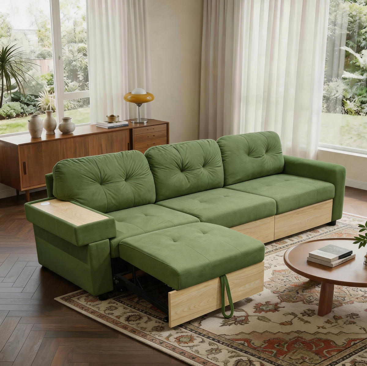 ECKSOFA 228/80/78 cm grün aus Samt mit Stauraum und USB - Grün, Textil (80/228cm) - OKWISH