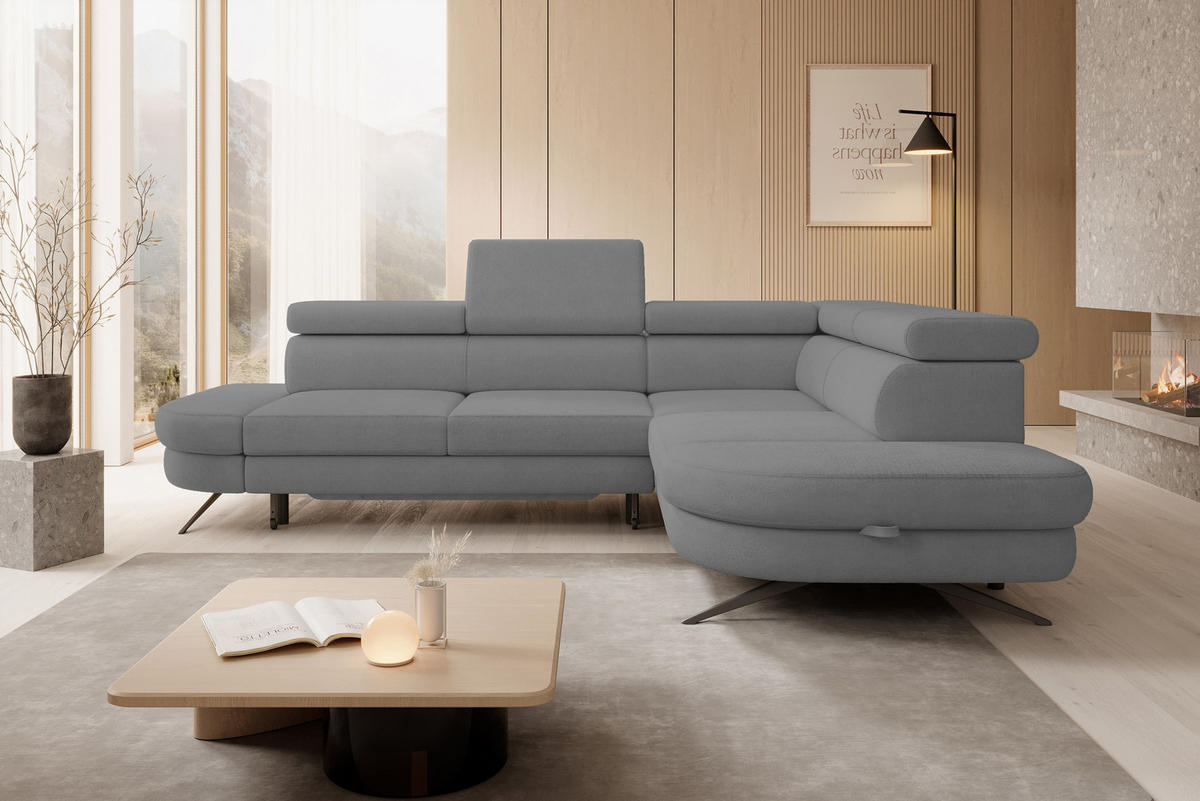 ECKSOFA OTIS L-förm, Schlaffunktion, verstellbare Kopfstützen, in AURORA-Stoff, lose Rückenkissen, freistehend, RECHTS 276x218x97 cm Grey - Grau, Holz/Textil (276/218cm) - DomoHome