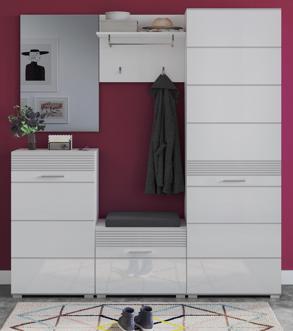 GARDEROBEN-SET weiß Hochglanz 5-teilig 170 cm mit Spiegel, Garderobenkombination - Weiß Hochglanz/Silberfarben, Holzwerkstoff/Kunststoff (170/190/37cm) - Inn.Furn