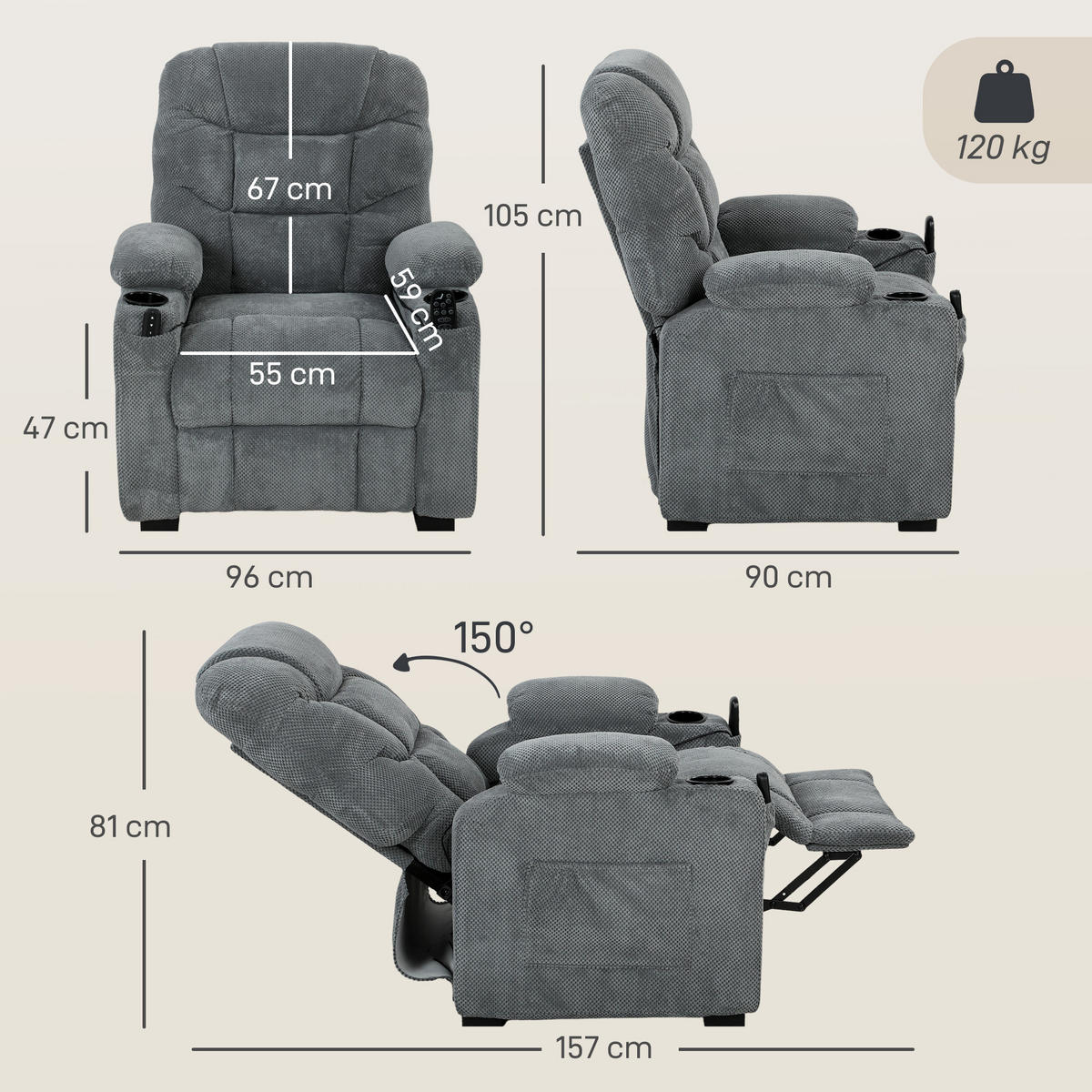 ELEKTRISCHER-RELAXSESSEL Samt Metall Dunkelgrau - Dunkelgrau/Schwarz, Textil/Metall (90/105/96cm) - HOMCOM