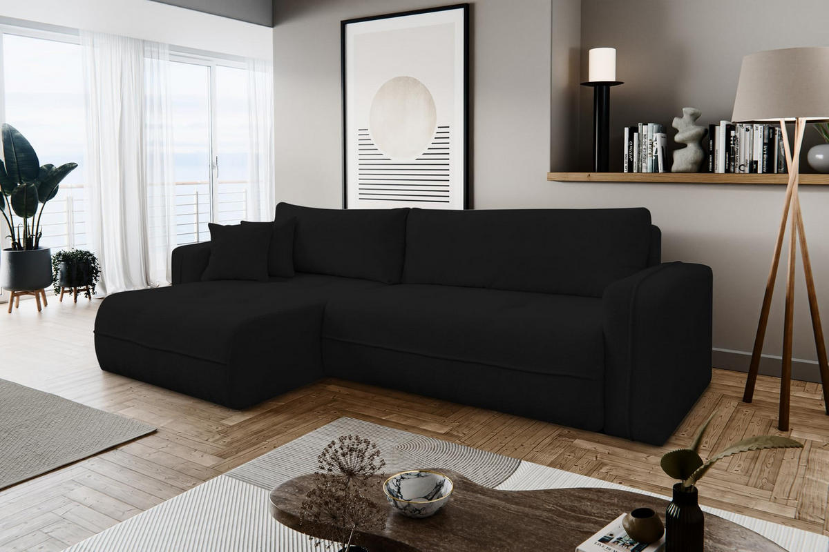 ECKSOFA CLOUD mit Schlaffunktion und Bettkasten Boucle Cloud (Schwarz) - Schwarz, Textil (276/145cm) - VENASI MÖBEL
