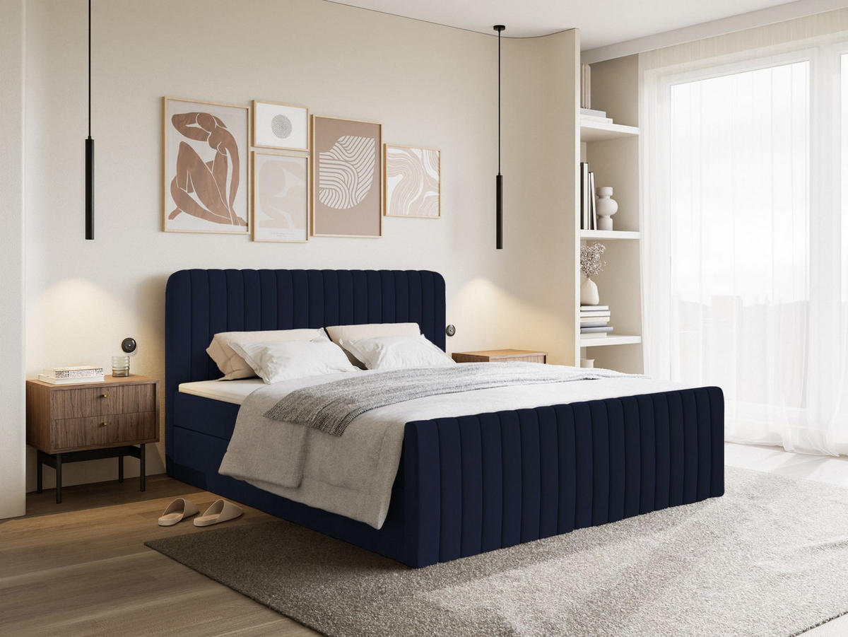 BOXBETT Saliano mit Topper und Samtbezug Dunkelblau, 180x200 cm - Dunkelblau, Kunststoff/Textil (180/200cm) - Selsey