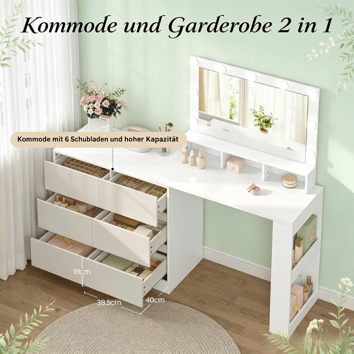 SCHMINKTISCH,MIT Rechteckigem LED Spiegel,134.5*80*40cm - Weiß, Holzwerkstoff (90/134.5/40cm) - Vallsero