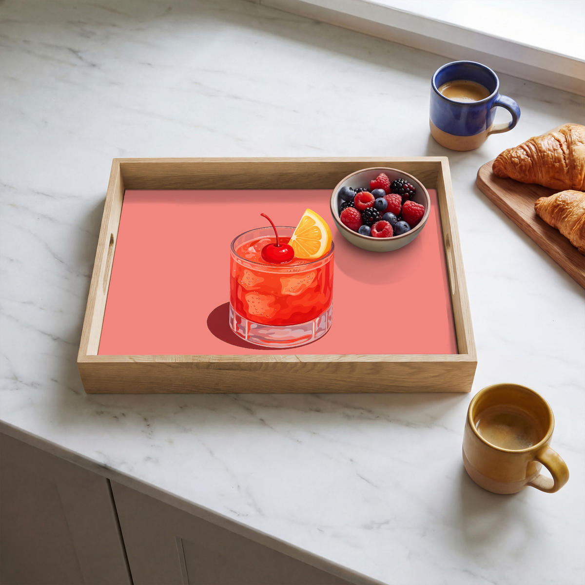 SERVÍROVACÍ PODNOS Sklenice - Kostky ledu - Citron - Třešeň 40x30 cm - růžová, dřevo (40/5/5cm) - OnlyWow