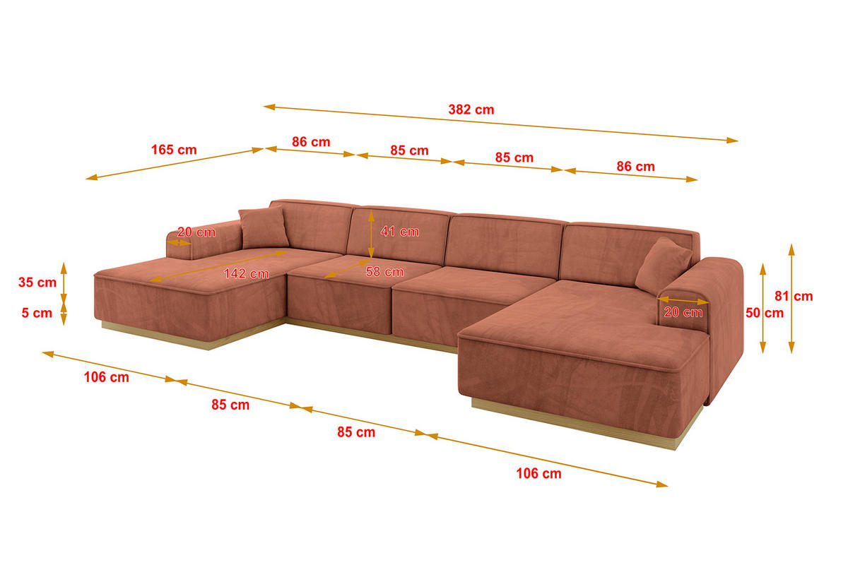 WOHNLANDSCHAFT IREA-U2-v2 - 382x165x81 cm Apricot - Koralle, Holzwerkstoff/Textil (382/81/165cm) - ALTDECOR