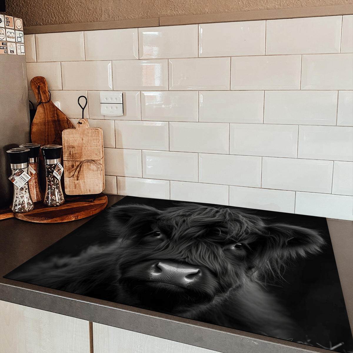 HERDABDECKPLATTE Scottish Highlander - Schwarz - Kalb - Kuh Induktionsmatte 77x59 cm - Schwarz, Kunststoff (77/59/0.2cm) - MuchoWow