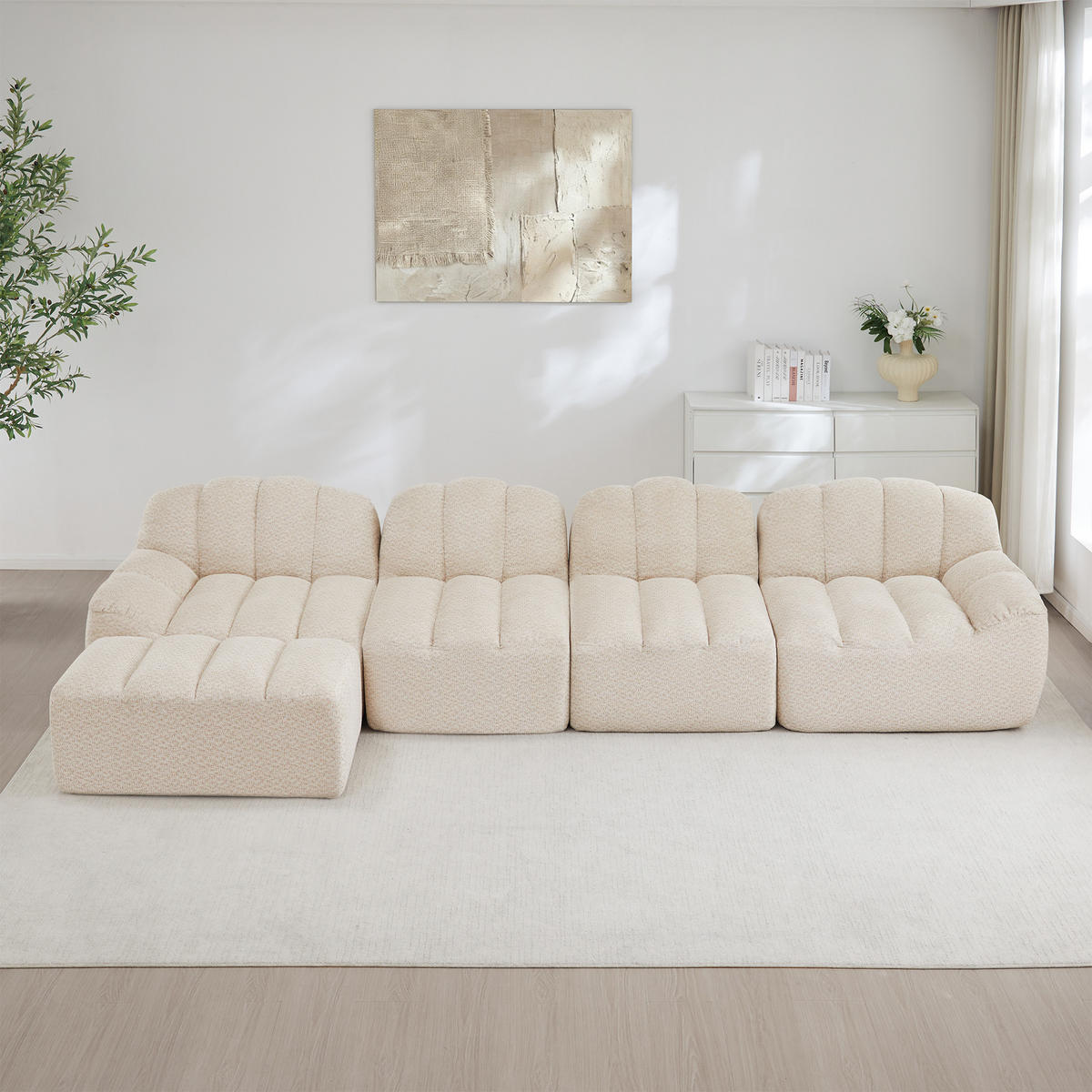 4-SITZER ECKSOFA Granulierter Fleece Beige & Weiß mit Ottomane - Beige, Textil (366/165cm) - WISHDOR