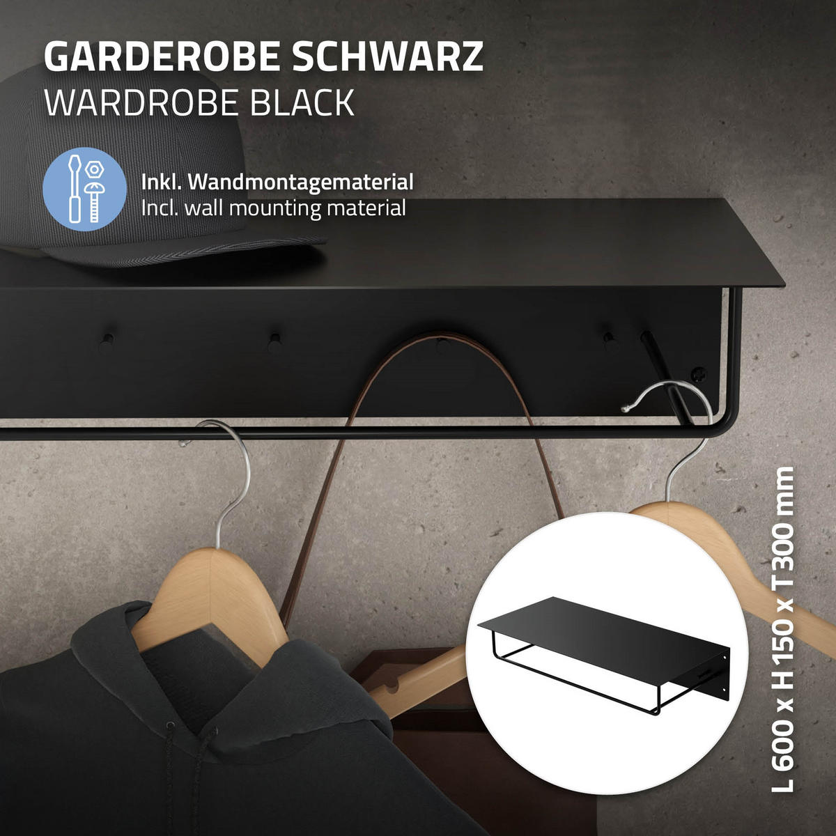 WANDGARDEROBE 60x30x15 cm Schwarz aus Metall - Schwarz, Metall (30/15/60cm) - ML-DESIGN