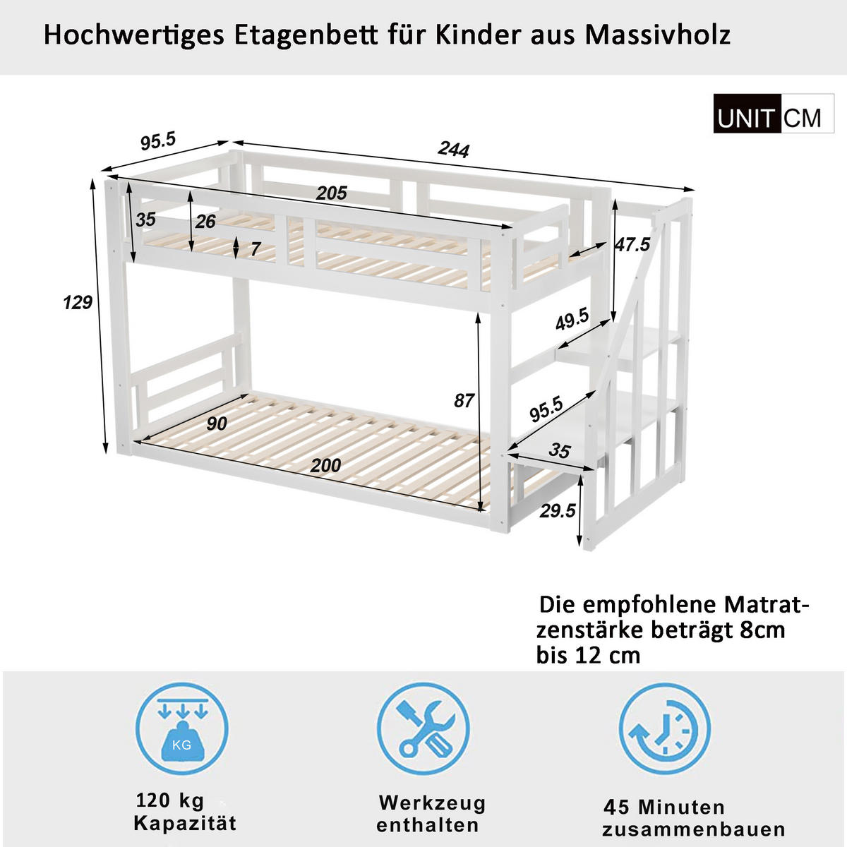 ETAGENBETT 90/200 cm DE-01197, in Weiß, mit Sicherheitstreppe - Weiß, Holz (90/200cm) - ComfortXL