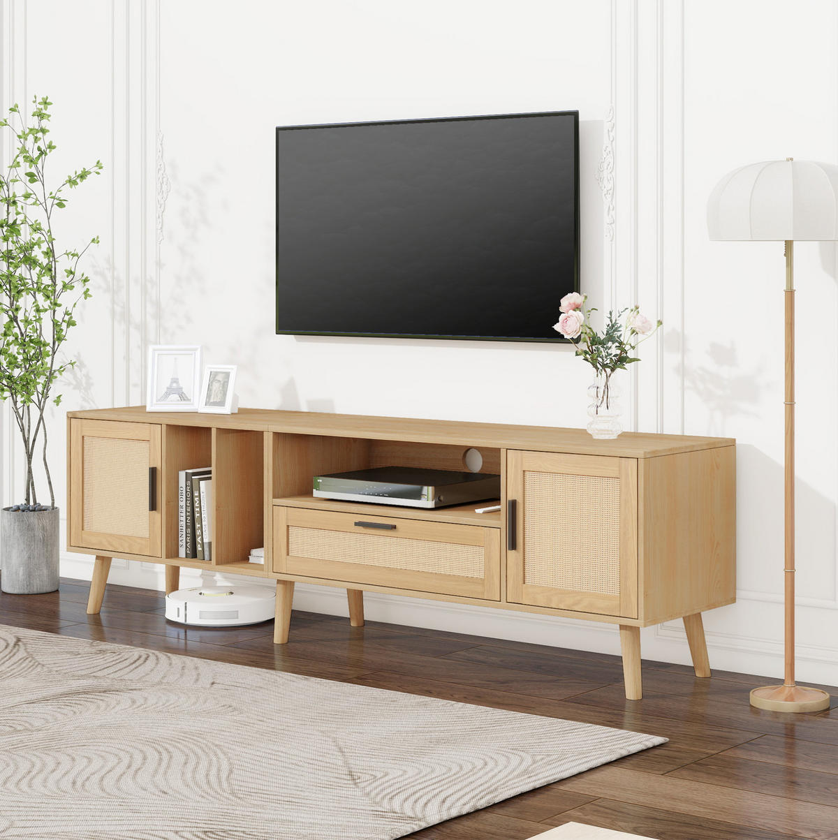 TV-SCHRANK in Eiche-Optik mit Rattan-Front, 2 Türen und 1 Schublade 180/40/48 cm - Eichefarben, Holzwerkstoff (180/54/40cm) - Redom