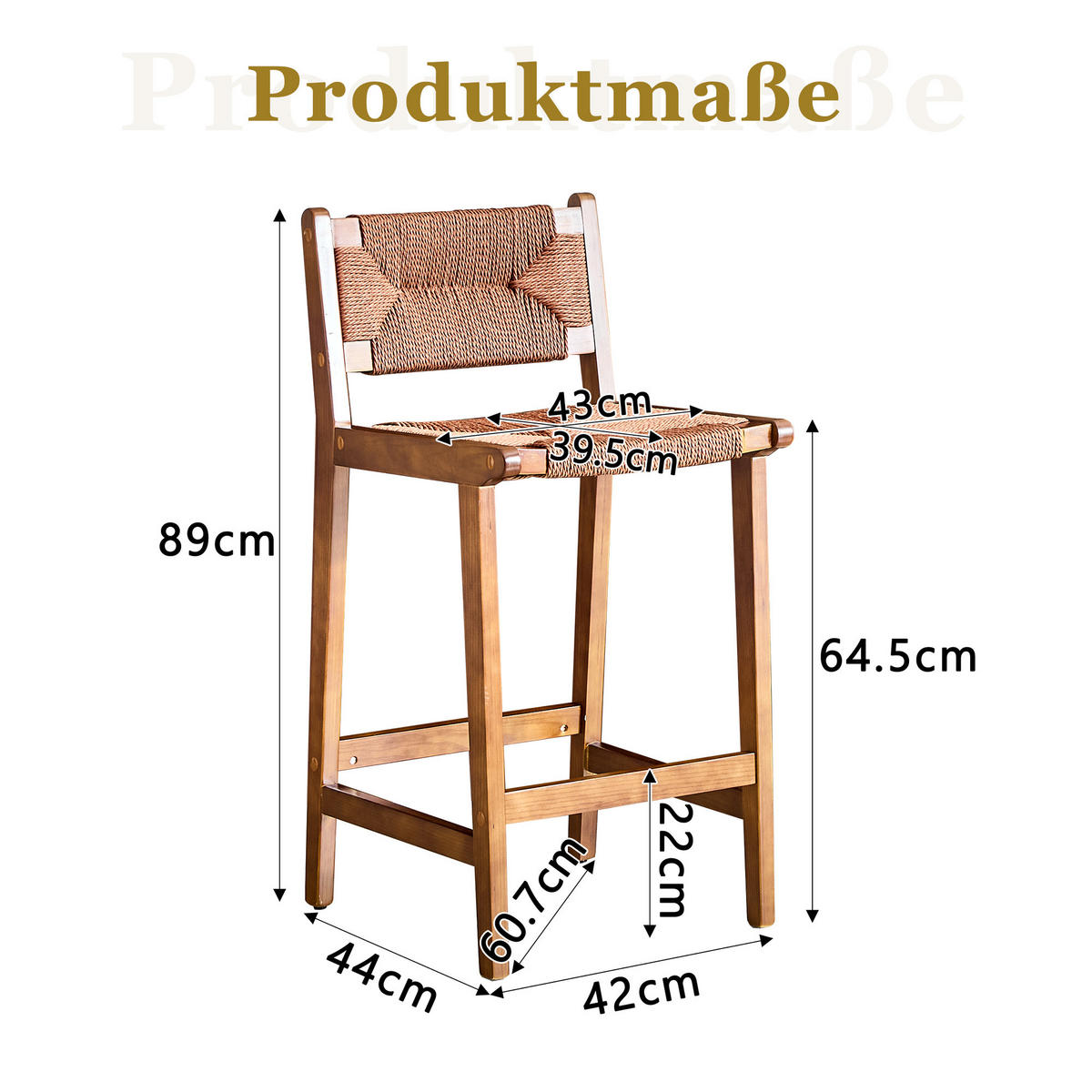 BARHOCKER Walnuss 2er-Set aus Massivholz mit Rückenlehne und Seilgeflecht - Walnussfarben, Holz (44/89/42cm) - PANGIVO