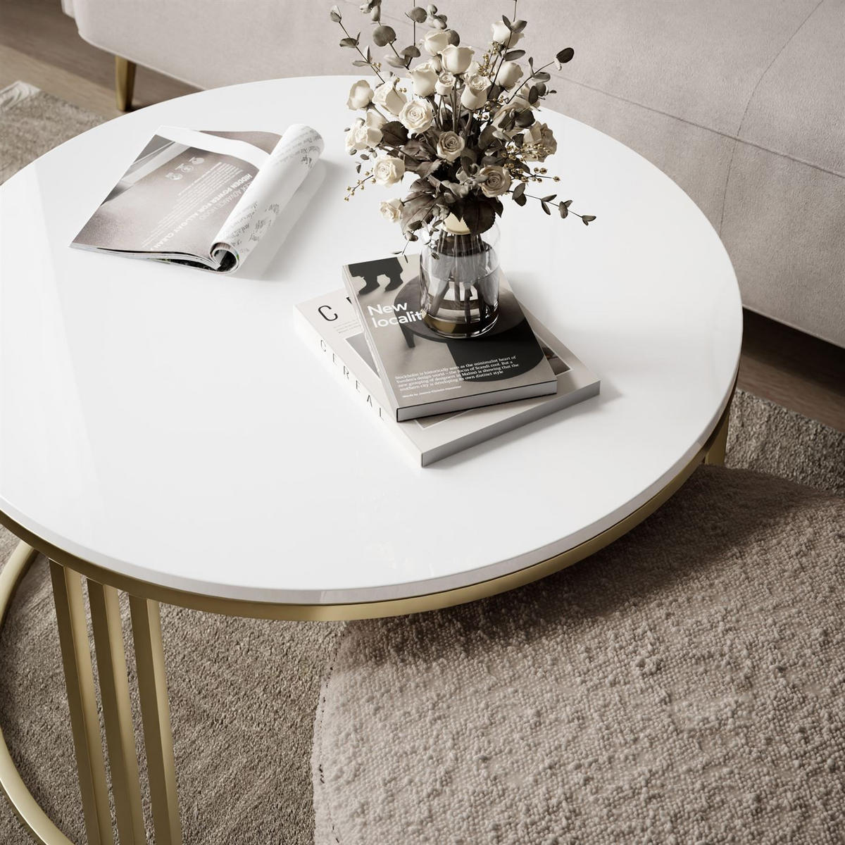 COUCHTISCH mit Hocker LORI Hochglanz gebürstetes Gold/weißer Glanz/Coral 50 - Weiß, Metall (70/70/49cm) - Lookway