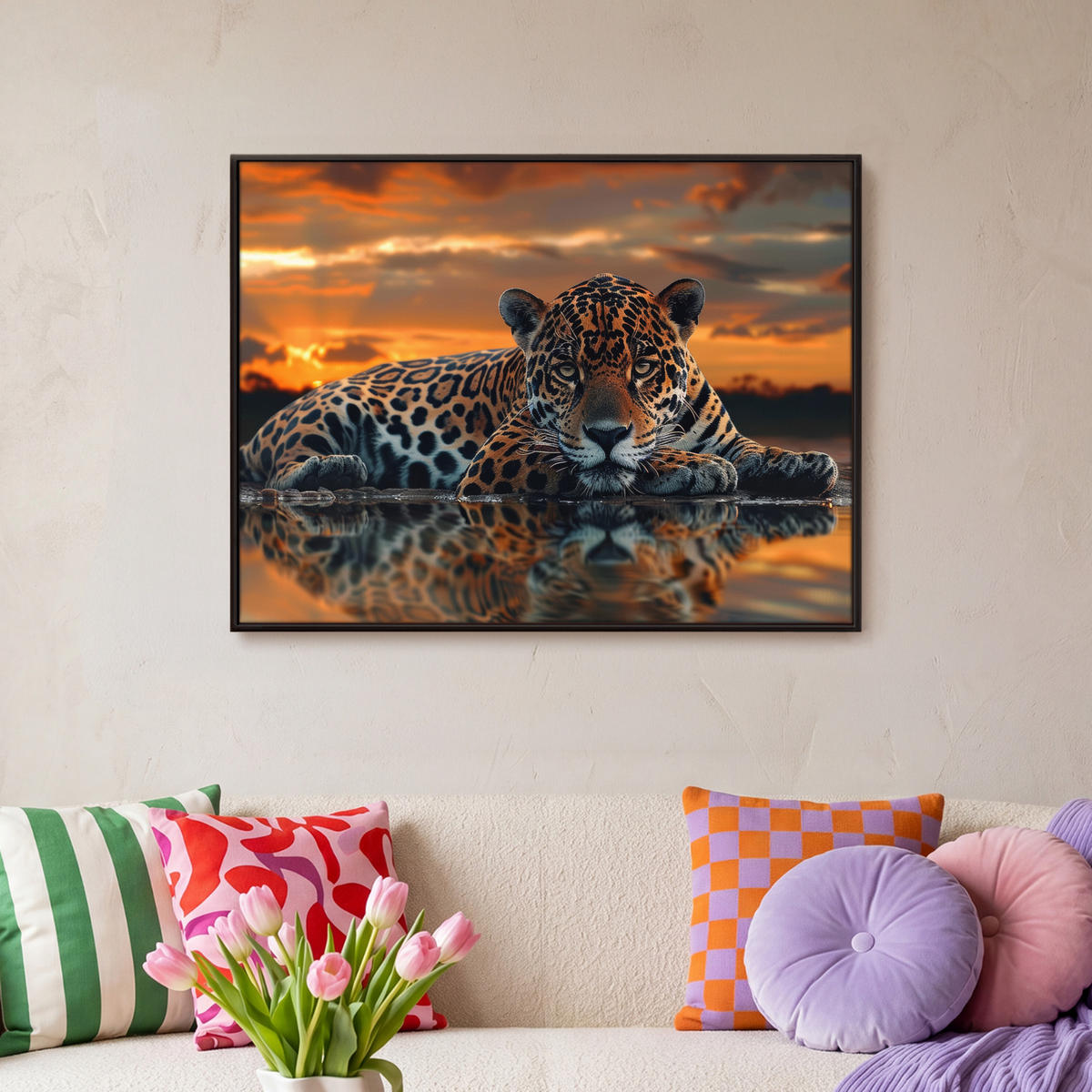LEINWAND Bilder mit Rahmen - Natur - Leopard - Tier - Sonnenuntergang - Modern - 70x50 - Orange, Textil (70/50cm) - MuchoWow