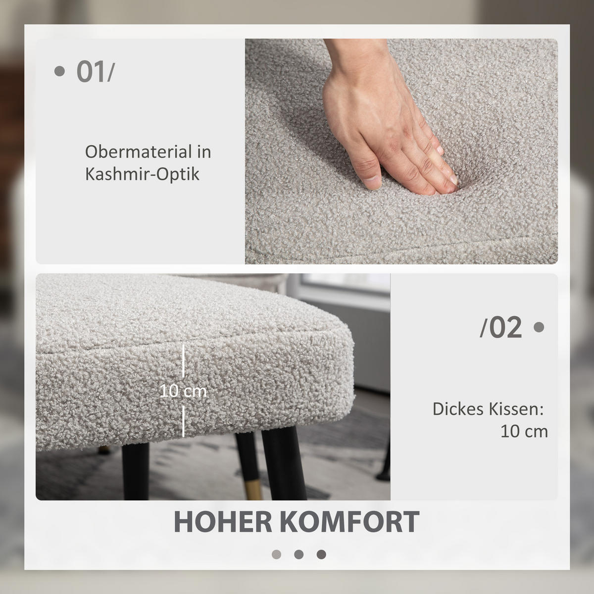 FUSSHOCKER Sitzhocker Quadratischer Schminkhocker mit Kaschmir-Optik, Stahlbeine - Hellgrau, Kunststoff (42/44/42cm) - HOMCOM