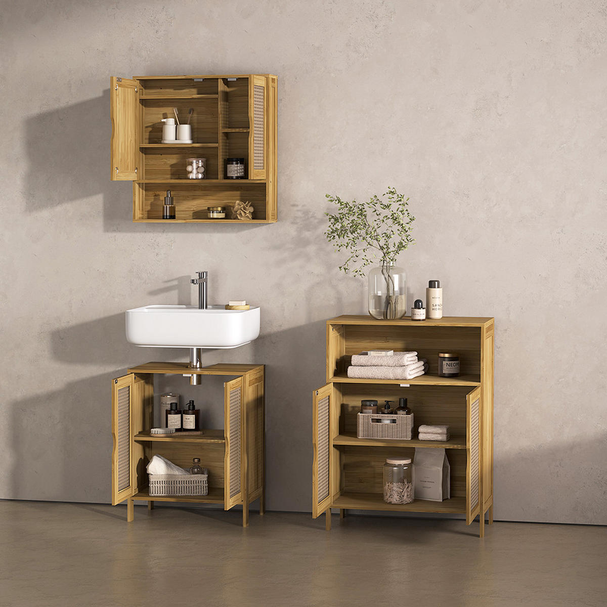 BADMÖBEL-SET Mincio, Bambus, 3dílná - přírodní, kompozitní dřevo (50/60/29cm) - Livinity®