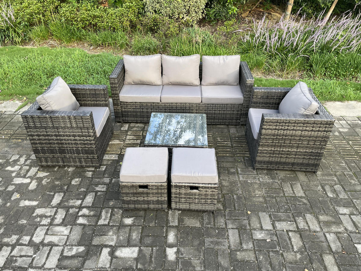 GARTENSET mit Couchtisch Polyrattan 7-Sitzer - Dunkelgrau, Metall - Fimous