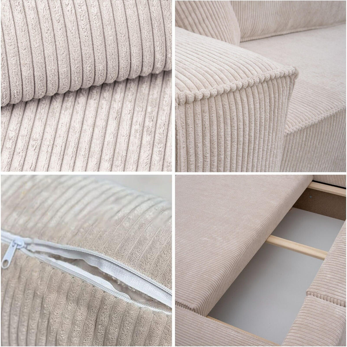 ECKSOFA Mit Schlaffunktion Und Bettkasten, Eckcouch BEST XL Stoff Poso Dicker Cord Beige Rechts - Creme/Schwarz, Holz/Kunststoff (274/142cm) - Kaiser Möbel