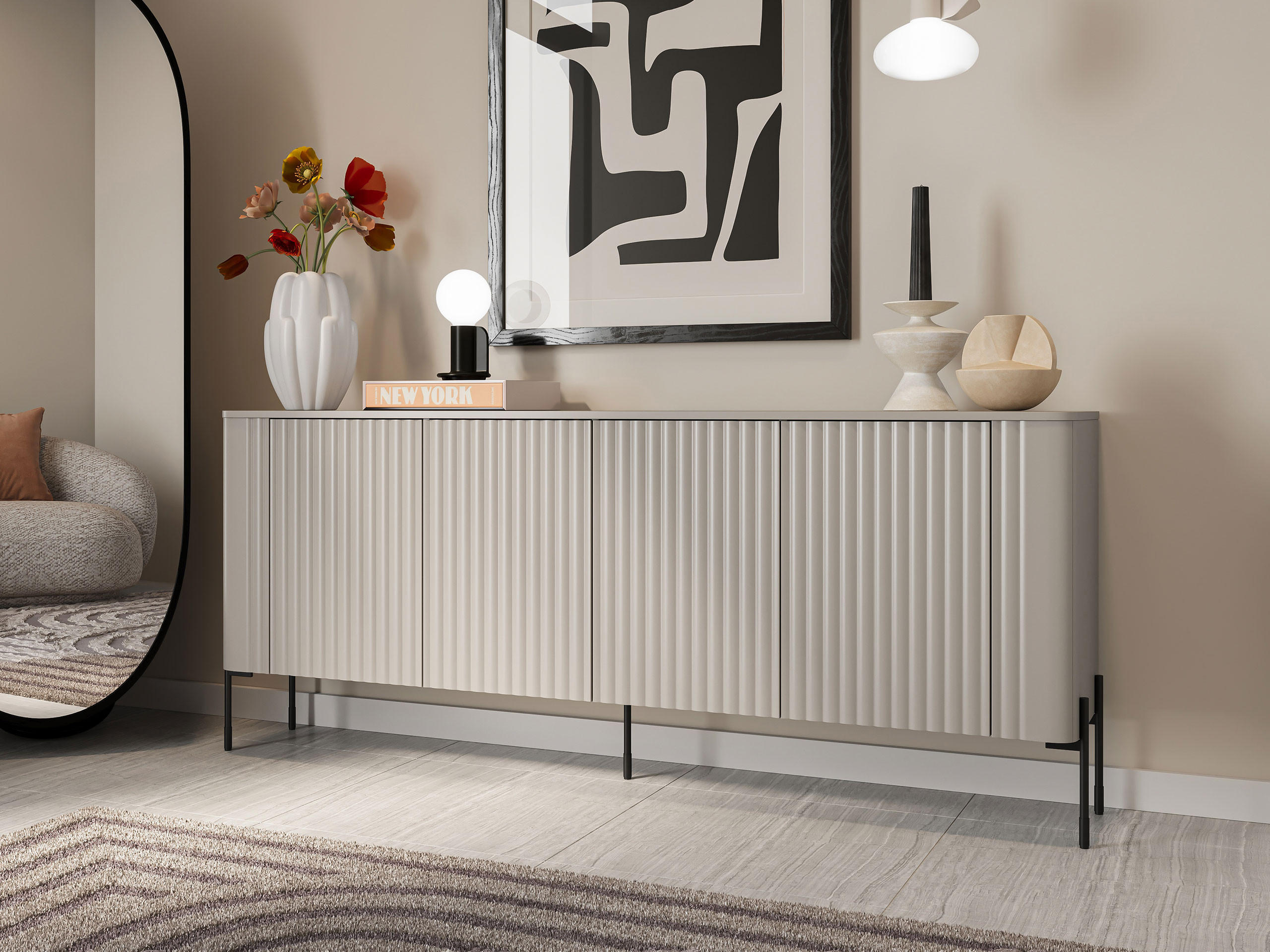 KOMMODE Vera 190 - Kaschmir/Schwarz, Holzwerkstoff/Metall (190/80/40cm) - MIRJAN24