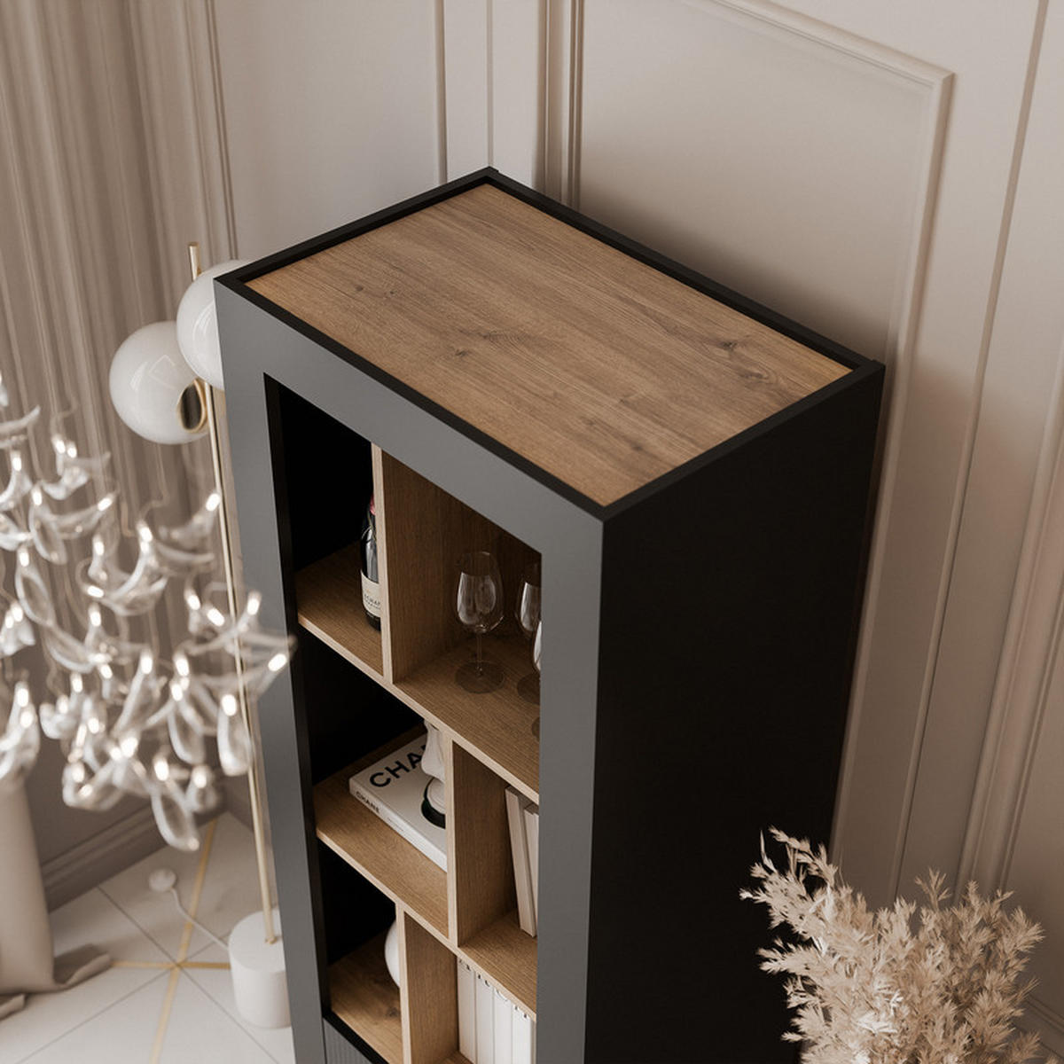 VITRINE AVENA, 60/40/169 cm Schwarz / Eiche - Schwarz, Holzwerkstoff/Kunststoff (60/169/40cm) - Idohome