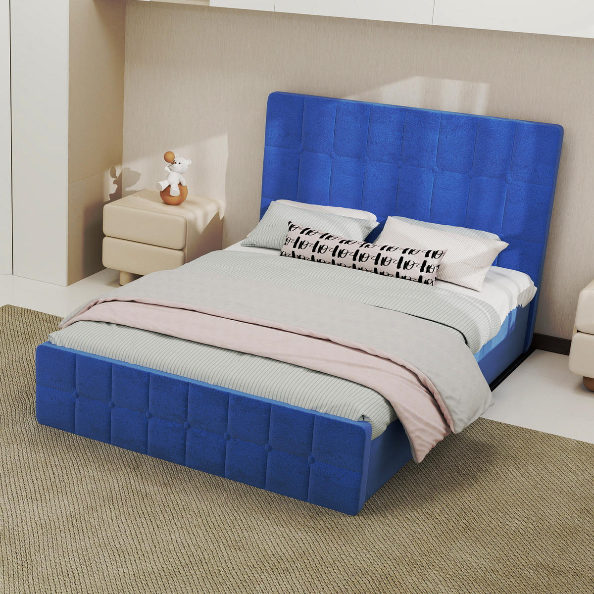 BETT mit Kopfteil 140x200 cm Samt Blau - Blau, Metall (140/200cm) - Meubliv