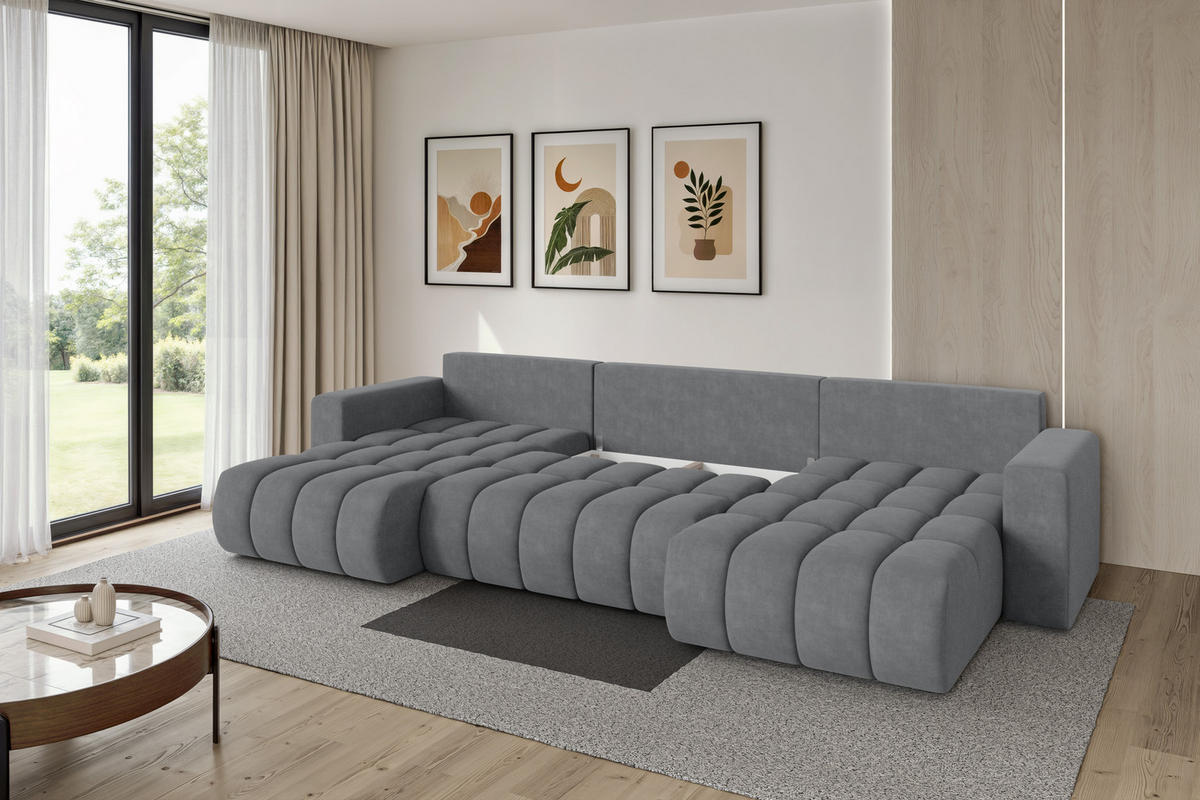 SEDACÍ SOUPRAVA DO U s funkcí spaní a úložným prostorem MILA-U-v1 378x194x86 šedá velur - černá/šedohnědá, kompozitní dřevo/textil (378/86/194cm) - ALTDECOR