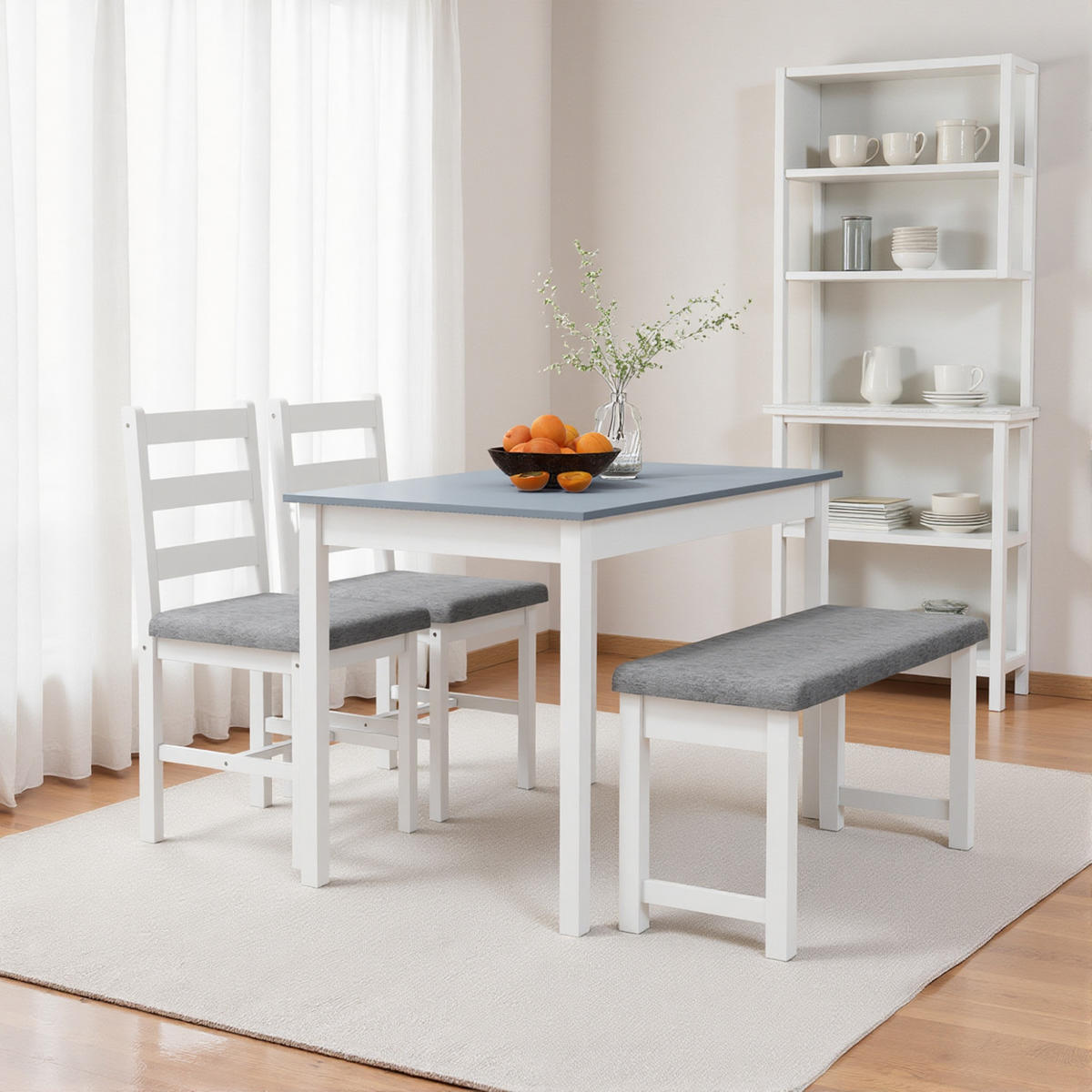 ESSGRUPPE, Esstisch mit 2 Gepolsterten Stühlen, Bank, 4-Teiliges Esstisch-Set - Weiß/Grau, Holz/Textil (65/75/108cm) - HOMCOM