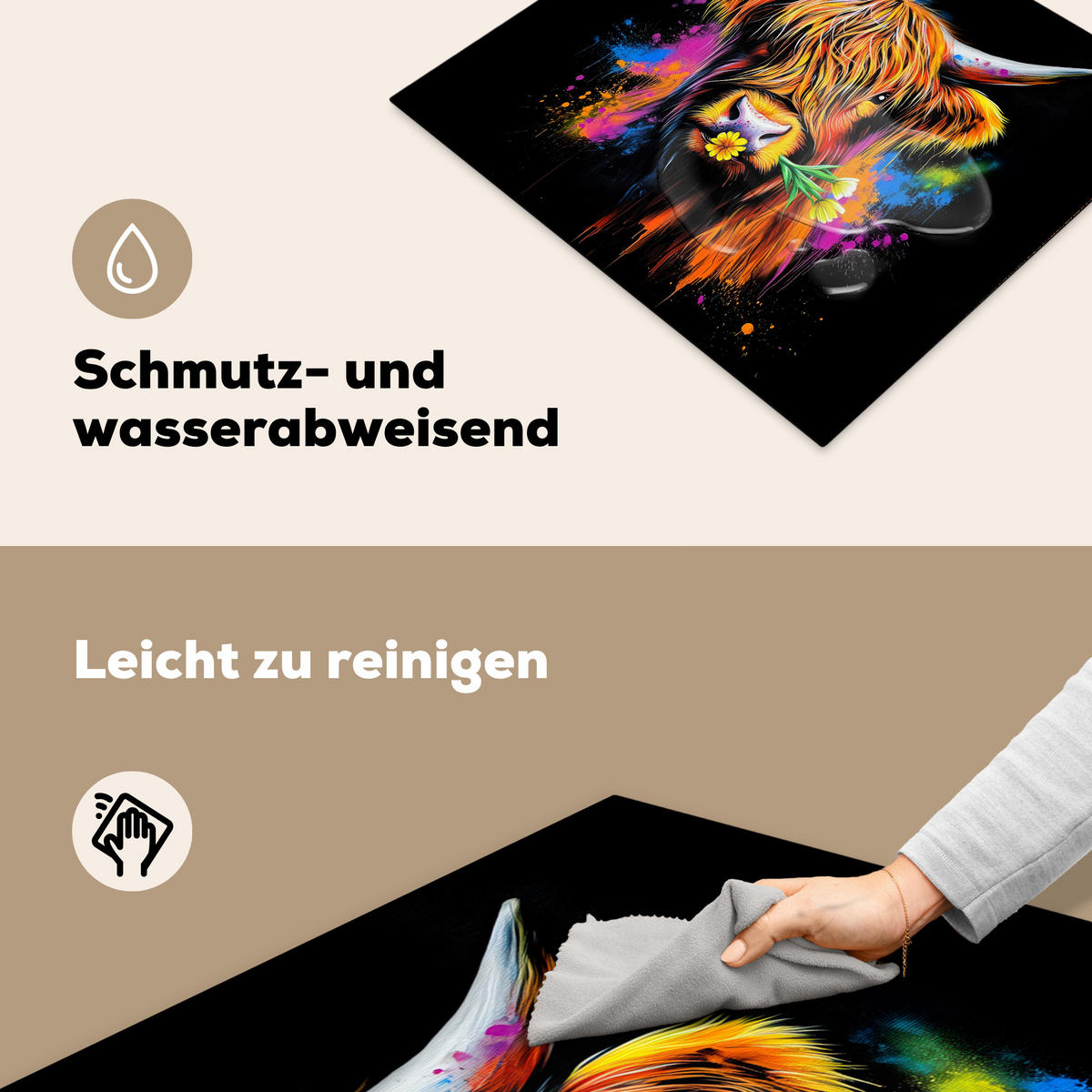 HERDABDECKPLATTE Schottischer Highlander - Graffiti - Bunt - Blume - Tiere Herdabdeckung Induktionsfeld 60x52 cm - Multicolor, Kunststoff (60/52/0.2cm) - MuchoWow