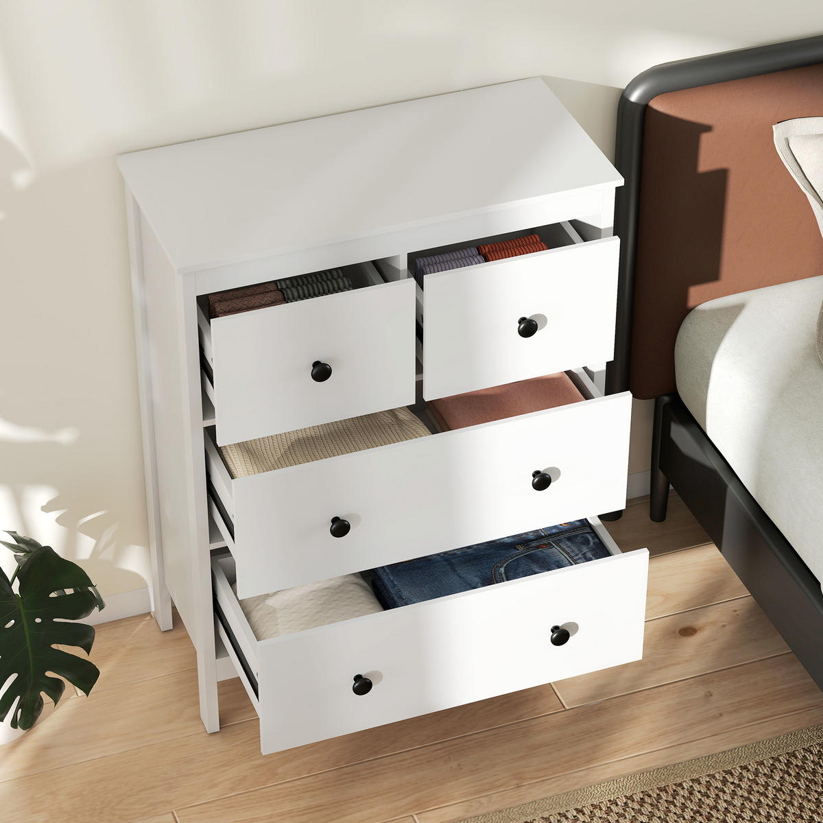 KOMMODE Moderner Sideboard mit 4 Schubladen für Wohnzimmer Weiß - Schwarz/Weiß, Holzwerkstoff/Kunststoff (35/97/74cm) - HOMCOM