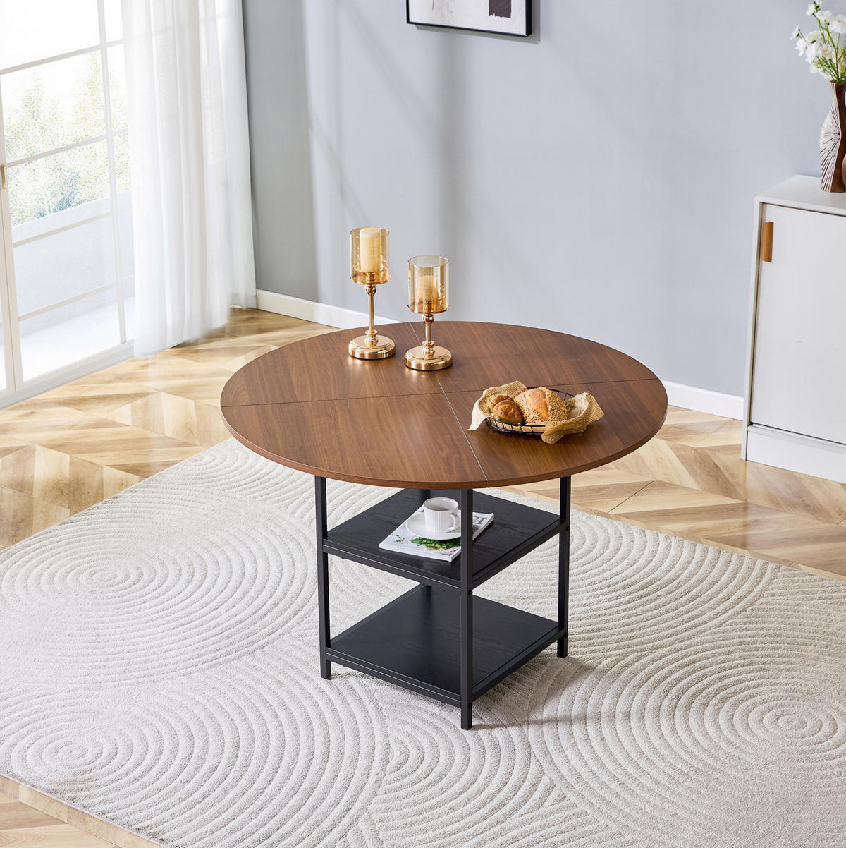 ESSTISCH 107/107/75 cm mit doppelter offener Ablage und Metallgestell, Schwarz/Walnuss - Schwarz, Holzwerkstoff (107/107/75cm) - Redom