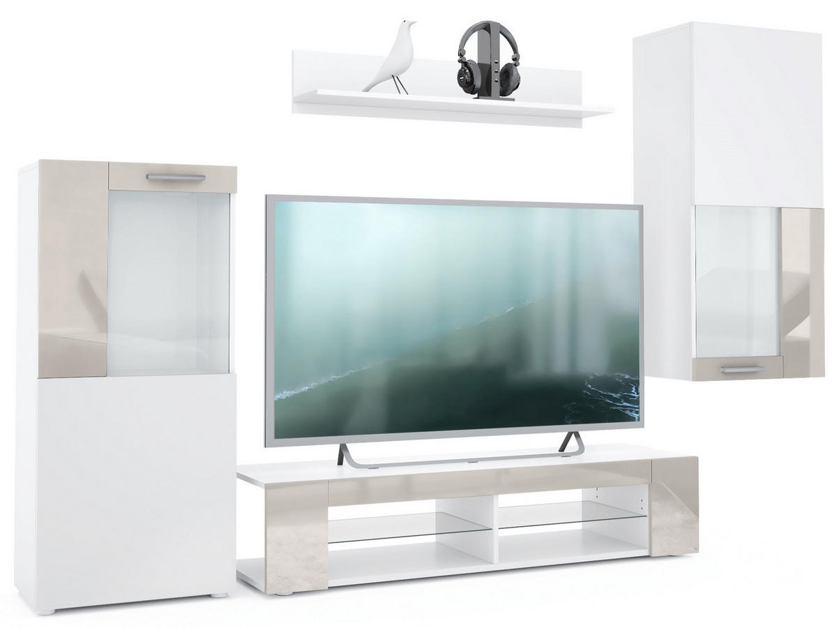 WOHNWAND Movie Absetzungen in Sandgrau Hochglanz - Sandfarben, Holzwerkstoff (300/190/39cm) - Vladon