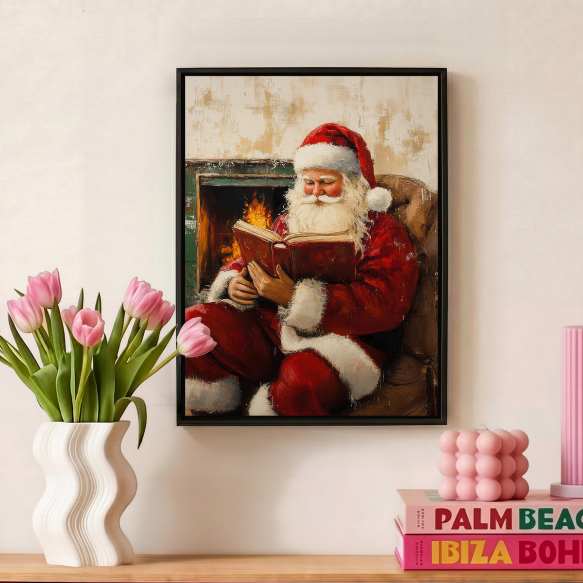 LEINWAND Bilder mit Rahmen - Weihnachten - Weihnachtsmann - Winter - Open Fireside - 30x40 - Dunkelrot, Textil (30/40cm) - MuchoWow