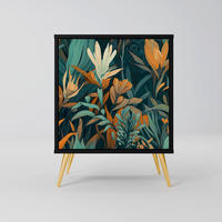 SIDEBOARD FLORAL SERENITY, Schwarz, 57,5x42x75,5 cm, Goldfarbene Metallfüße - Goldfarben/Multicolor, Holzwerkstoff/Metall (57.5/75.5/42cm) - SpaceRebels