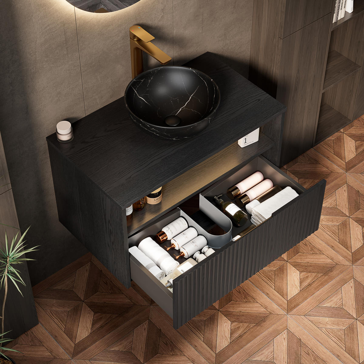 WASCHTISCHKOMBI 80x46x60.8cm in Schwarz mit Sensor-LED, Soft-Close & Massivholzfront - Schwarz, Keramik (80/60.8/46cm) - Modfu