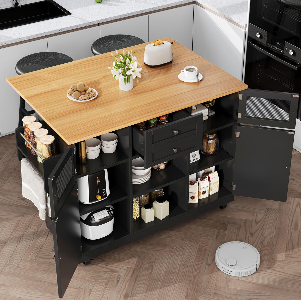 KÜCHENINSEL 140/40-70/93,5 cm aus MDF mit klappbarer Arbeitsplatte Schwarz - Schwarz, Holzwerkstoff (140/93.5/40cm) - Modenvie