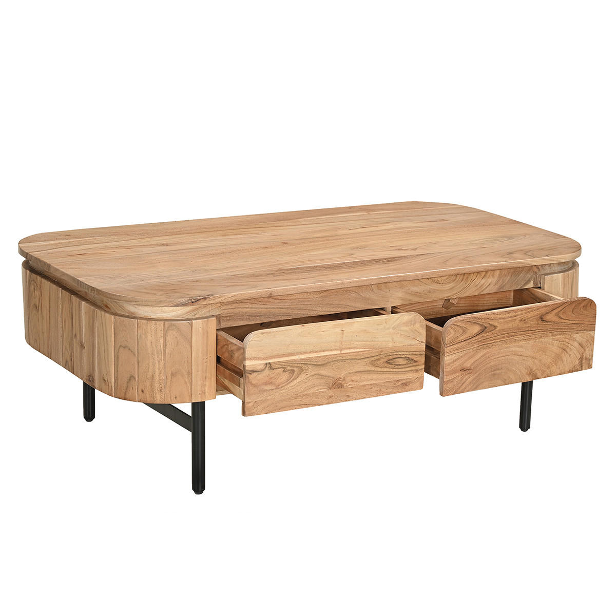 COUCHTISCH Massivholz Schwarzes Metall 4 Schubladen B115 cm NAPOLI - Eiche Bianco, Holz (115/60/40cm) - Miliboo