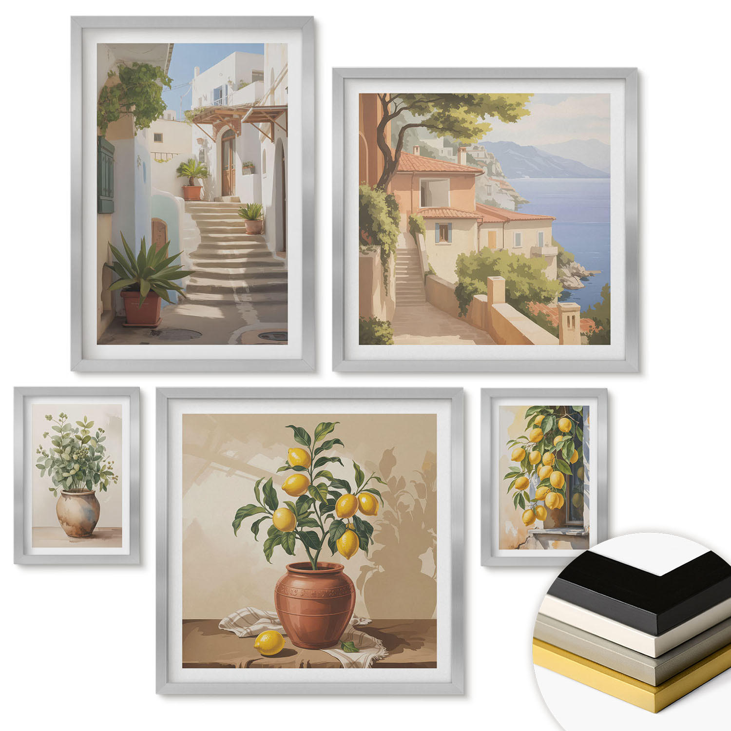 WANDBILDER 5er Set - 50x50 cm & 20x30 cm & 40x60 cm Silberner Rahmen - Blumen in einer Vase, ein Meer aus Zitronen - Silberfarben, Kunststoff (40/60cm) - ArtPrintCave