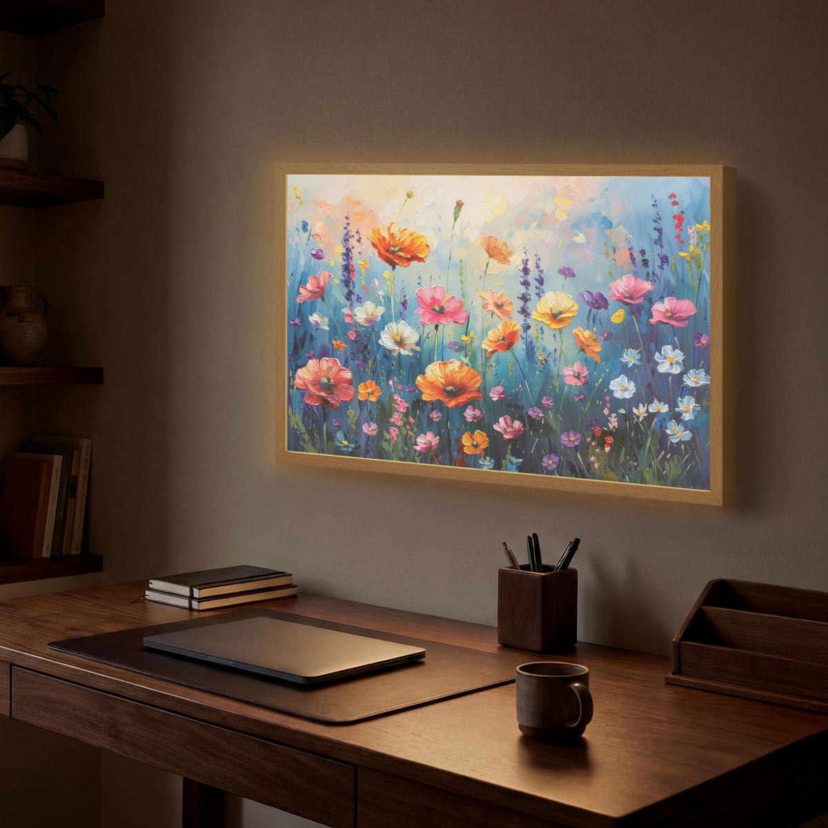 NÁSTĚNNÁ LAMPA S AKUMULÁTOREM Květiny - Příroda - Akvarel - Umění 60x40 cm - různobarevná, kompozitní dřevo (60/40/8cm) - OnlyWow