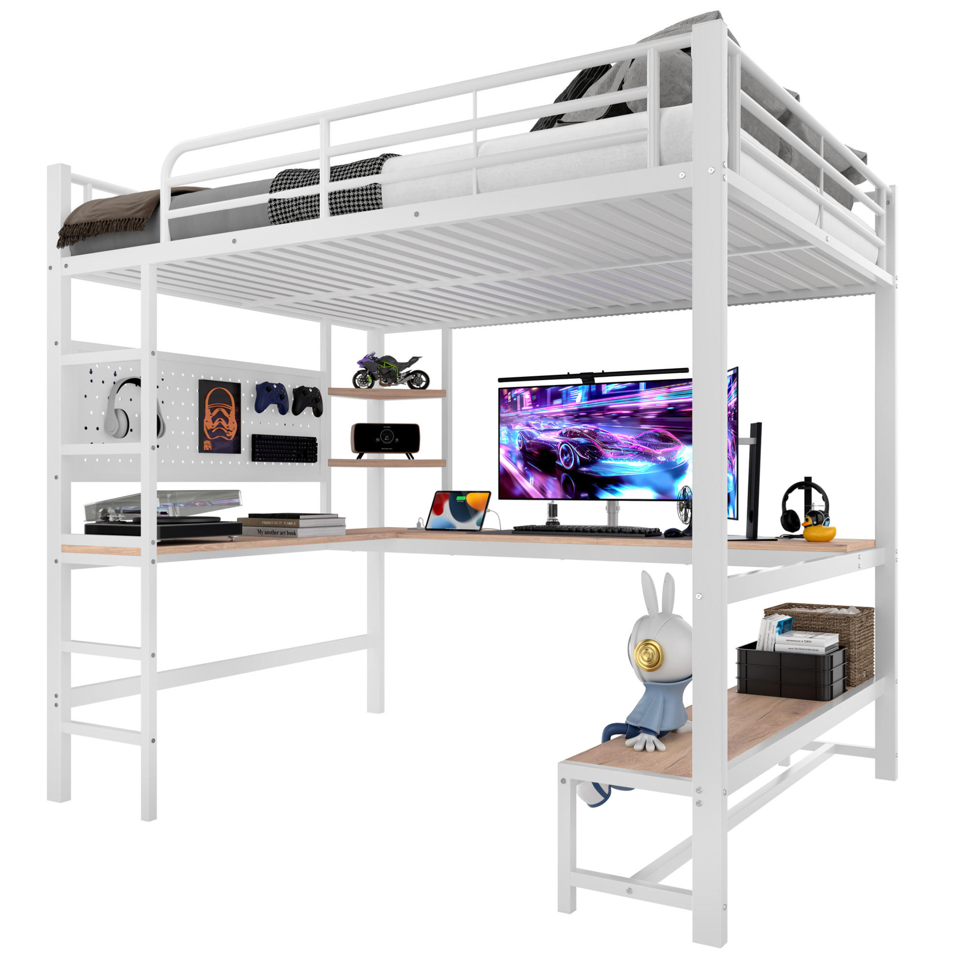 HOCHBETT 140/200 cm Weiß aus Metall mit Schreibtisch - Weiß, Metall (140/200cm) - OKMYHOME