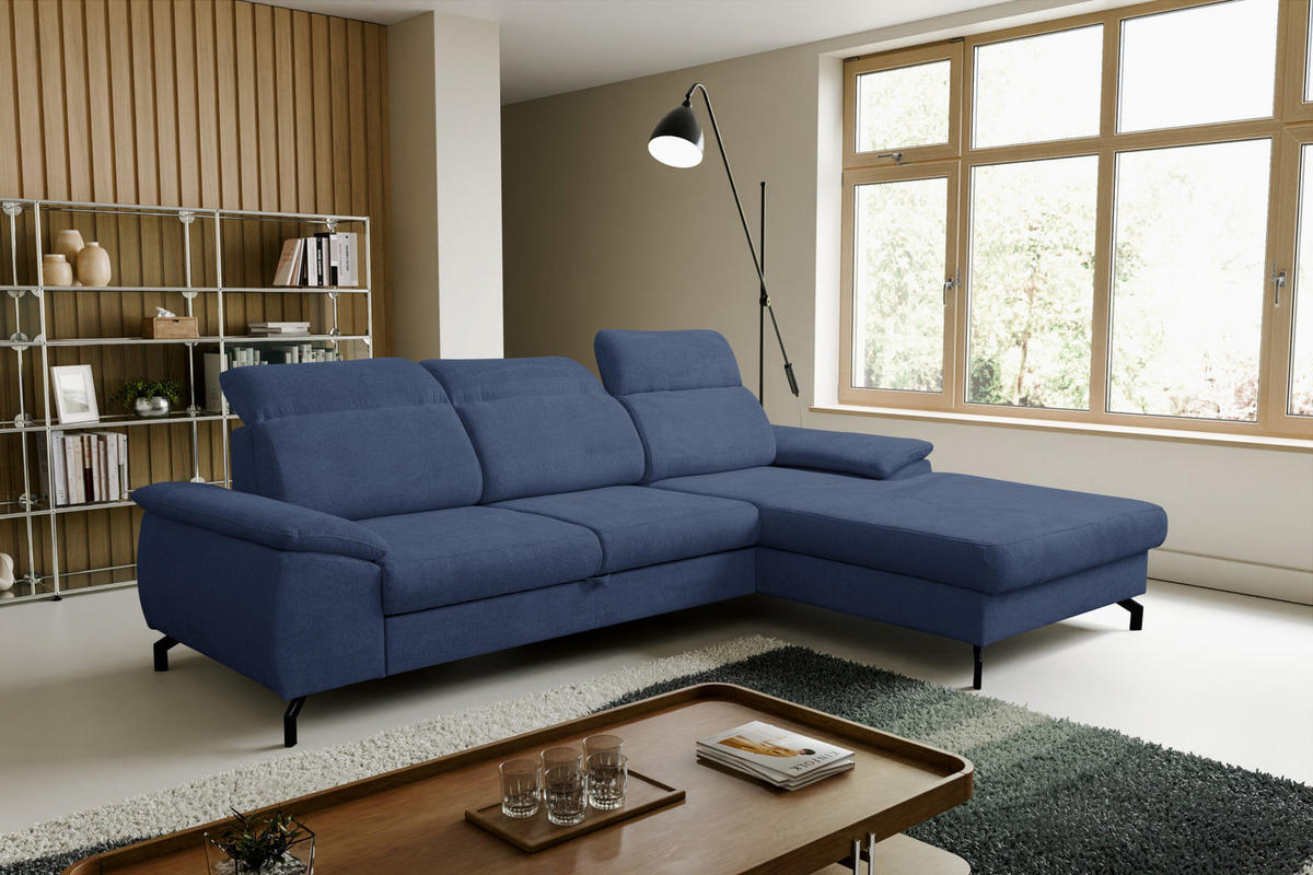 ECKSOFA MALIBU mit Schlaffunktion und Bettkasten, Farbe: Blau , Velourstoff, Ottomane Rechts - Blau, Textil (276/184cm) - VENASI MÖBEL