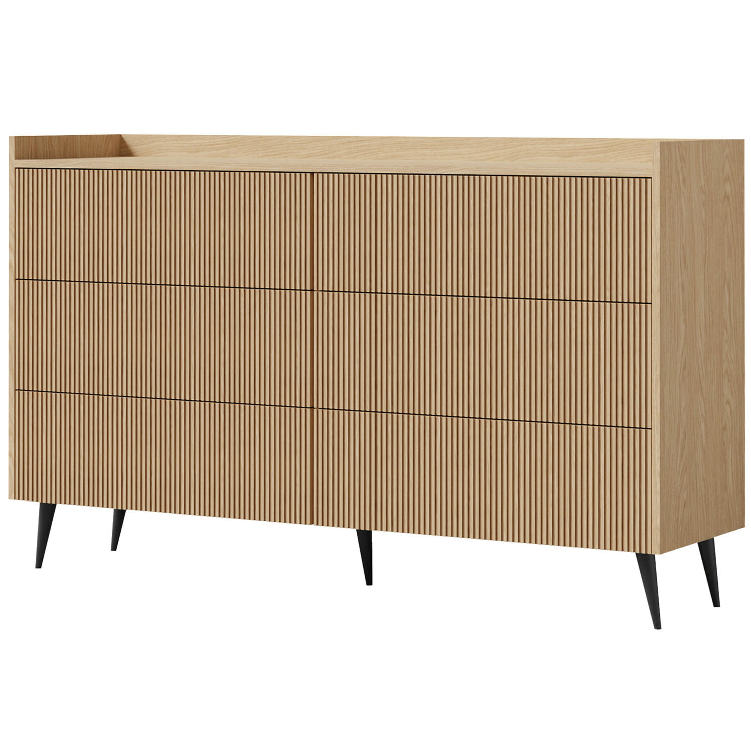 KOMODA Amfali se 6 zásuvkami, drážkovaná čela, systém Push-to-open, kovové nohy, 150 cm, jarní dub - černá/barva dubu, kov/kompozitní dřevo (150/92/41cm) - Beautysofa